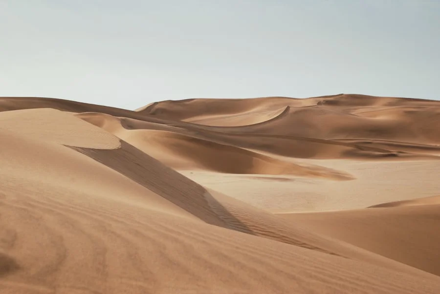 L'apaisement et l'avenir dégagé Vastes vagues de sable jaune dans un désert, symbolisant l'apaisement, la sérénité et la liberté retrouvée après l'accompagnement contre le refus scolaire à Genève.