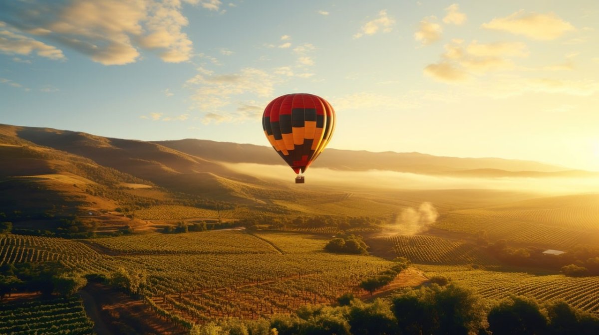 S'élever au-dessus des difficultés Montgolfière survolant un paysage de campagne au coucher du soleil. Un visuel qui évoque le coaching pour surmonter le refus scolaire.